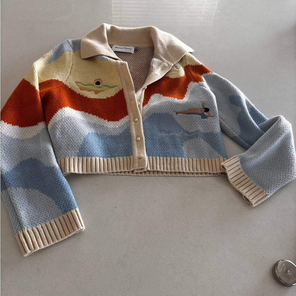 House of Sunny Cropped Scenic Knit Cardigan in Cream, Light Blue & Orange